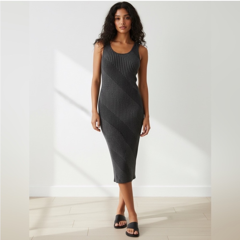 Feathers Charcoal Ribbed Midi Dress | Size M | Side Slit